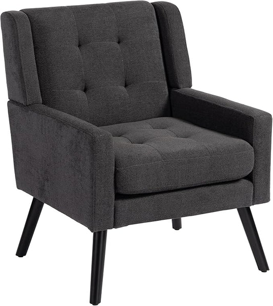 Mid-Century Modern Accent Chair, Plush Linen Fabric with Button Tufted High Back & 5" Thick Cushion, High Comfort Reading Chair for Living Room, Bedroom, Office (Dark Gray)