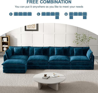 Modular Sectional Sofa, 146.5 Inch L-Shaped Cloud Sofa with Deep Seat Chenille Sofa with Cushions, Four Seater Sectional Sofa for Living Room Apartment,Blue