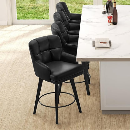 360°Swivel Counter Height Bar Stools with Back, 26 inch Solid Wood Legs, Bar Stool Modern Kitchen Island Chairs, Faux Leather (Black- Faux Leather, 26" H- Set of 2)