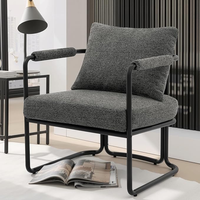 Single Accent Chair for Living Room, Mid Century Modern Upholstered Reading Armchair for Bedroom, Office, with Comfy Chenille Cushion & Metal Frame, Dark Grey