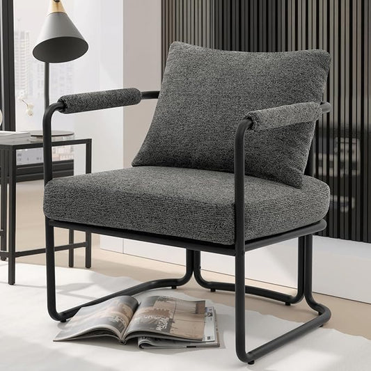 Single Accent Chair for Living Room, Mid Century Modern Upholstered Reading Armchair for Bedroom, Office, with Comfy Chenille Cushion & Metal Frame, Dark Grey