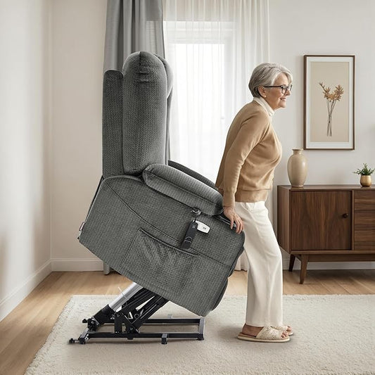 MCombo Oversized Power Lift Recliner Chair with Massage and Heat for Big and Tall Elderly People, Cup Holders, USB Ports, Side Pockets, Fabric R7541 (Grey, Large-Oversize)