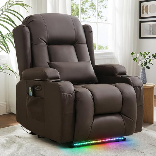 Power Recliner Chair with Heat and Massage, PU Leather Recliner Chair with Cup Holder, Reclining Sofa Home Theater Seating with LED Ambient Light, Side Pockets for Living Room and Bedroom, Brown