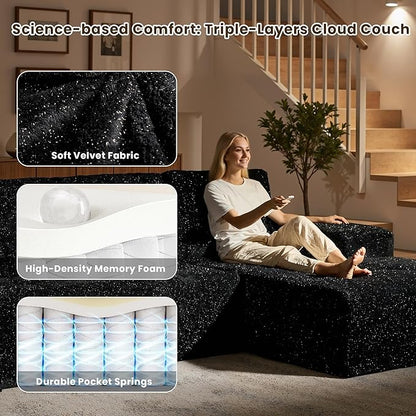 114" Glitter Cloud Sectional Couch with L-Shape Chaise, Modern Boneless Couches for Living Room, Fluffy Tufted Deep Seat Modular Sofa in a Box No Assembly