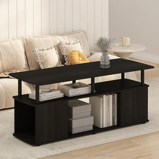 Furinno Jaya Coffee Table, Rectangle Modern Coffee Table with Open Shelf, Side Table with Side Storage, for Living Room, Bedroom, Home Office, Black