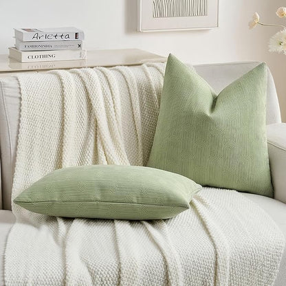 FUTEI Sage Green Chenille Decorative Throw Pillow Covers 12x20 Inch Set of 2,Soft Cozy Striped Geometric Patterns Lumbar Pillow Cases,Modern Home Decor for Couch Bed Living Room