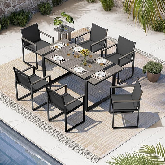 Outdoor Dining Set, Patio Table and Chairs Set, 7 Piece HDPS + Aluminum Patio Furniture Set with Umbrella Hole, Patio Dining Table Set (Gray)
