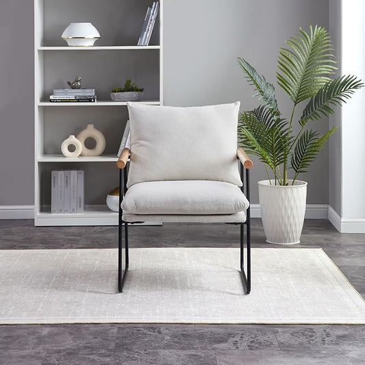Accent Chair for Living Room,Arm Chair for Bedroom,with Wooden Arms, Wide Large Plus Size Cushion,Metal Frame,Reading Bedroom Chair Armchair for Home/Office/Cafe/Apartment/Waiting Room,White