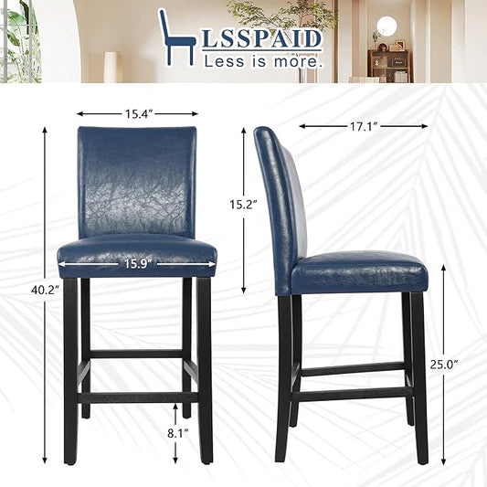 LSSPAID Counter Height Bar Stools Set of 4, 24.8 Inch Upholstered PU Leather Barstools, Modern Kitchen Island Chairs with Backrest and Solid Wood Legs, Navy Blue
