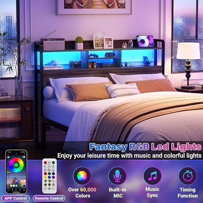Unikito Headboard for Queen Size Bed with Storage Shelf, Head Board with 3 Outlets and 2 USB Ports, Headboards with RGB LED Light, Height Adjustable, Sturdy and Stable, Easy Assembly, Black Oak