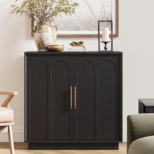 Sideboard Buffet Cabinet with Storage, Modern Accent Cabinet with Arched Doors & Shelf, 31.5" Modular Media Console, Minimalist Credenza for Living Room Kitchen Dining Room Entryway, Black