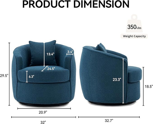 Swivel Accent Chair Set, Modern Upholstered Boucle Barrel Arm Chairs with Pillow for Living Room, 360 Degree Round Swivel Sherpa Armchair with Round Base for Bedroom Club (2, Dark Blue)