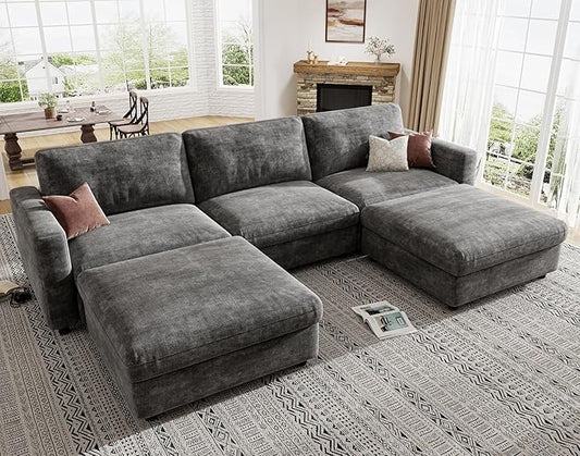 KKL Modular Sectional Couches for Living Room, Chenille 5 Seater Sofa Couch with Adjustable Backrest, Sofa Couch with Comfy Cushion, Dark Grey