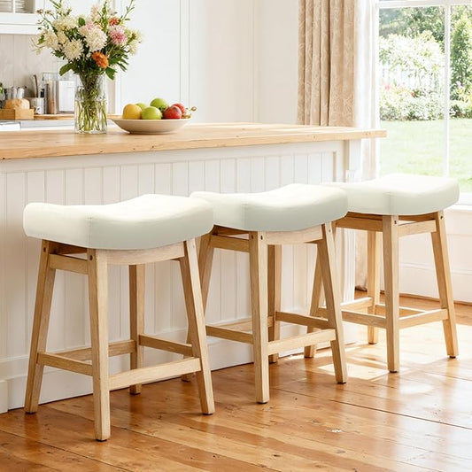 Counter Height Bar Stools Set of 3 for Kitchen Island Modern Barstools with Upholstered Faux Leather Backless Seat and Solid Wood Legs, 24 inch Farmhouse Bar Chairs, White