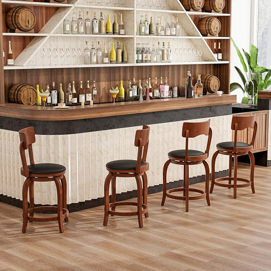 COSTWAY Bar Stools Set of 4, 24 Inch Swivel Counter Height Chairs with Rubber Wood Frame, Upholstered Seat, High Back Barstools for Kitchen Island, Home Bar, Pub, Brown (4, Seat Height: 24”)