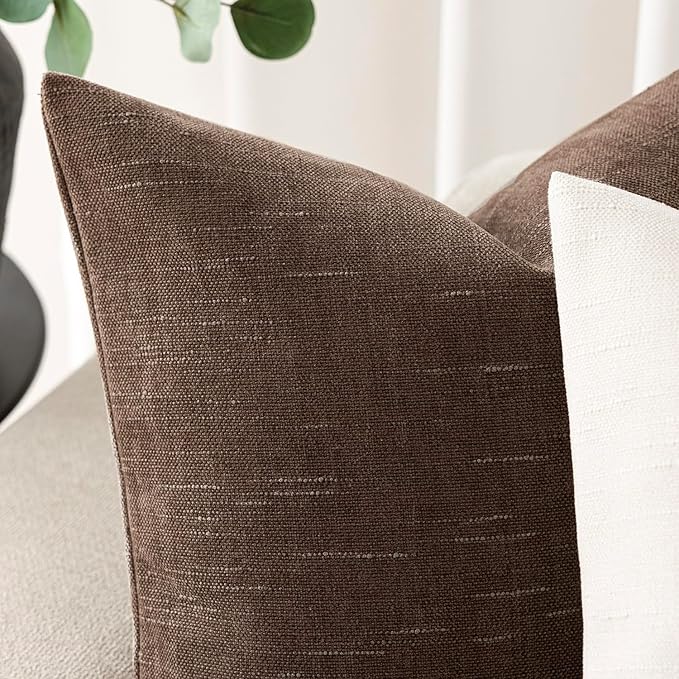 Foindtower Pack of 2 Soft Textured Chenille Throw Decorative Pillow Covers Square Accent Solid Cushion Cover Cozy Neutral Farmhouse Pillow Case for Couch Sofa Bedroom Living Room 18x18 Inch, Chocolate