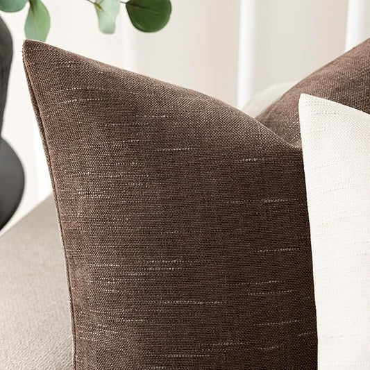 Foindtower Set of 2 Soft Textured Chenille Throw Decorative Pillow Covers Square Accent Solid Cushion Cover Cozy Neutral Farmhouse Pillow Case for Couch Sofa Bedroom Living Room 24x24 Inch, Chocolate