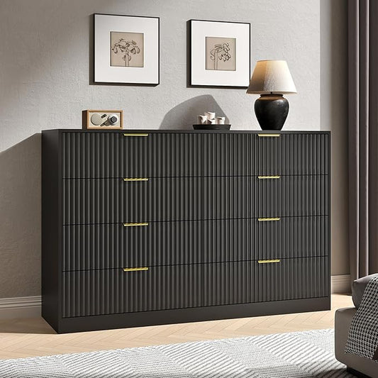 Black Dresser for Bedroom with 8 Drawer, 55” Wide Fluted Double Drawer Dresser Modern Chest of Drawers with Gold Handle, Wood TV Stand for Bedroom, Living Room, Black