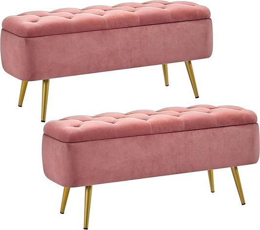 Yaheetech Ottoman with Storage 2pcs, Velvet Entryway Bench with Safety Hinge, Upholstered Bench with Seating for Bedroom, Living Room, Holds up to 519 lb, Pink