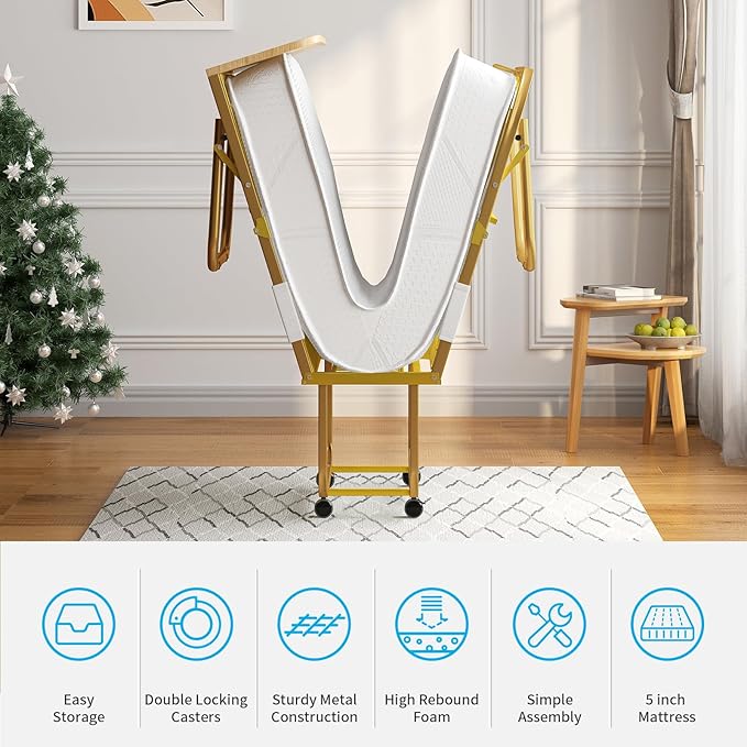 Mjkone Folding Bed with 5" Memory Foam Mattress & Upgraded 75x45 Frame Single Portable Guest Bed, Space-Saving Design, Lockable Wheels for Easy Moving, Quick Assembly & Compact Storage-Gold