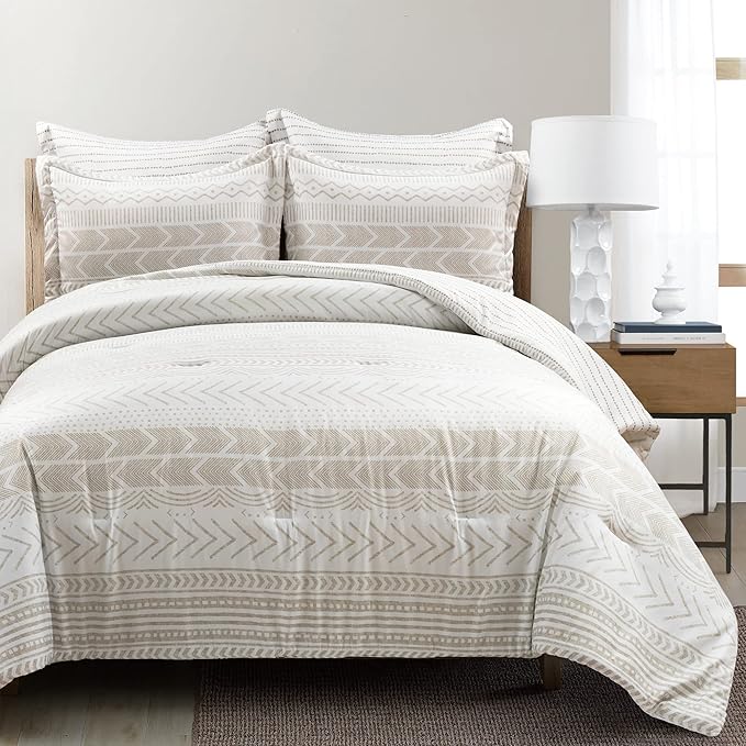 Lush Decor Hygge Geo Reversible 5 Piece Comforter Set, King, Taupe & White
