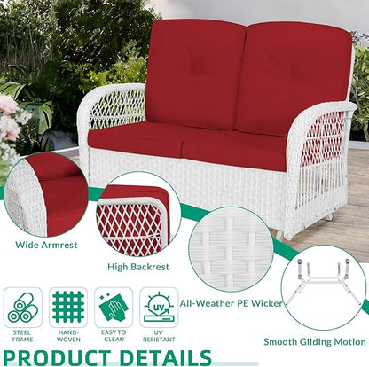 VIVIJASON 4-Piece Outdoor Patio White Wicker Conversation Sets, All Weather Outdoor Rattan Furniture Set Includes Glider Loveseat, Coffee Table, 2 Rocking Chairs with Cushions for Backyard, Red