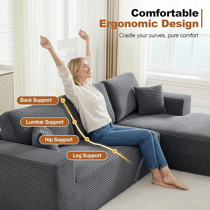 L-Shape Cloud Modular Sectional Sofa Couch,Modern Boneless Sectional Couch with Deep Seat,Upholstered Couches for Living Room Bedroom,No Assembly Required,Grey