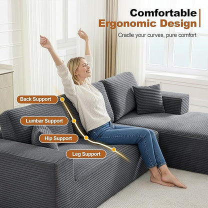 Modular Sectional Cloud Couch for Living Room,Modern Boneless Couche Set with Plush Corduroy,Comfy Floor Sofa with Memory Foam,Stupendous U Shaped Sofa,No Assembly Required,Grey