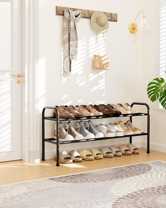 Kitsure Extendable Shoe Rack - 2-Tier Adjustable Metal Shoe Organizer, Sturdy Rust-Resistant Shoe Shelf for Entryway, Closet, or Bedroom, 17.5"–32.6" x 9.1" x 15.4", Black