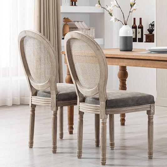 Farmhouse Leather Dining Room Chairs Set of 2 French Dining Chairs with Round Rattan Back French Bistro Chairs for Dining Room/Living Room/Kitchen/Restaurant, Grey