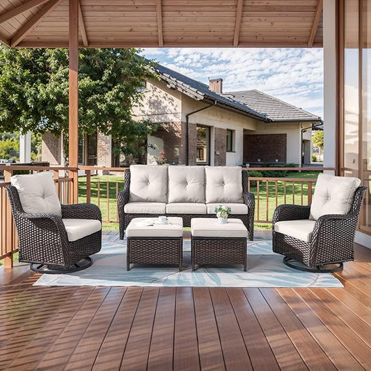 HUMMUH 5 Pieces Outdoor Furniture Set Patio Furniture Wicker Outdoor Sectional Sofa with Swivel Rocker Chairs,Outdoor Ottomans for Patio