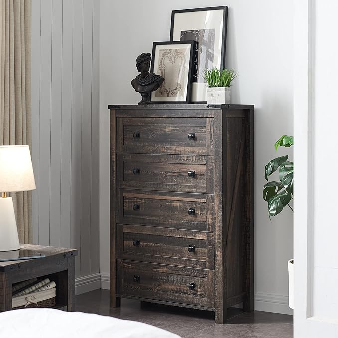 T4TREAM Farmhouse 5 Drawers Dresser Chests for Bedroom, Wood Rustic Tall Chest of Drawers, Dressers Organizer for Bedroom, Living Room, Hallway, Dark Rustic Oak