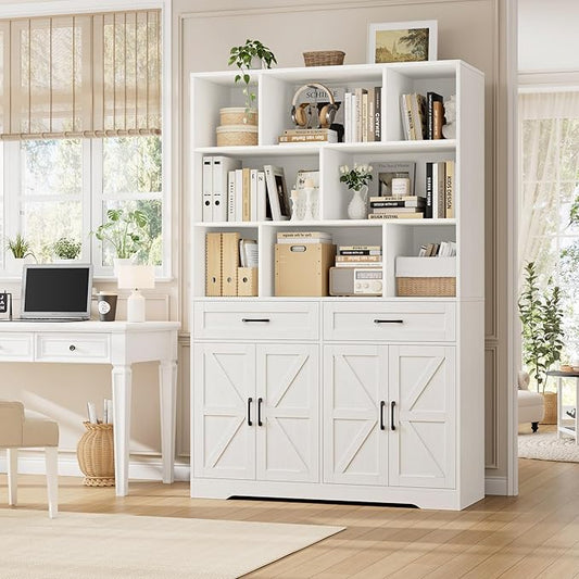 HOSTACK 71" Tall Bookcase with Drawers and Doors, 47" Wide Book Shelf and Bookcase with Storage, 6 Tier Large Book Storage Cabinet with 14" Deep Display Shelves for Living Room, Home Office, White