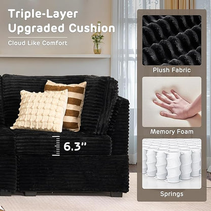 130'' Modern Modular Sectional Sofa with Movable Ottoman,5 Seats Cloud Comfort Corduroy Fluffy Couch,L Shaped Convertible Sofa Couch for Living Room,Black