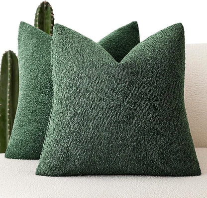 Foindtower Pack of 2, Decorative Textured Boucle Throw Pillow Covers Neutral Accent Solid Pillow Cases Soft Couch Cushion Case for Chair Sofa Bedroom Living Room Home Decor 22x22 Inch Pine Green