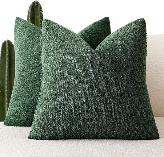 Foindtower Set of 2, Decorative Textured Boucle Throw Pillow Covers Accent Solid Pillow Cases Neutral Cozy Couch Cushion Case for Chair Sofa Bedroom Living Room Home Decor 16x16 Inch Pine Green