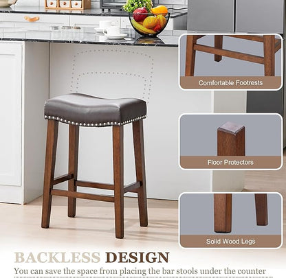 PrimeZone Counter Height Bar Stools Set of 8 - Backless Saddle Barstools with 4.3" Thick Upholstered, Nailhead Trim Faux Leather & Solid Wood Legs, 26 Inch Counter Stools for Kitchen Island, Brown