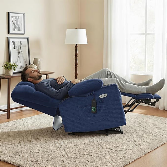 MCombo Dual Motor Power Lift Recliner Chair with Massage and Heat for Elderly People, Infinite Position, USB Ports, Cup Holders, Fabric 7679 (Medium, Navy Blue)