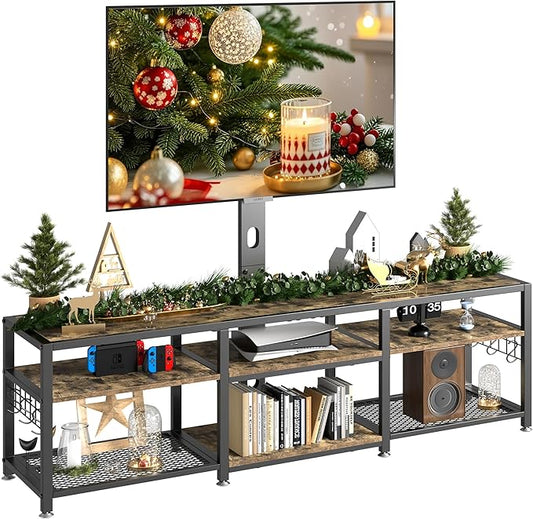 VECELO 71" TV Stand with Mount and Power Outlets, Entertainment Center with Open Storage Shelves, Height Adjustable Mount up to 80”, Wooden Table and Metal Frame for Living Room, Rustic Brown
