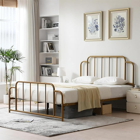 PINJU Metal Platform Bed Frame with Headboard and Footboard, Classic Style, Sturdy Metal Slats, No Box Spring Needed, Easy Installation (Gold, Queen)