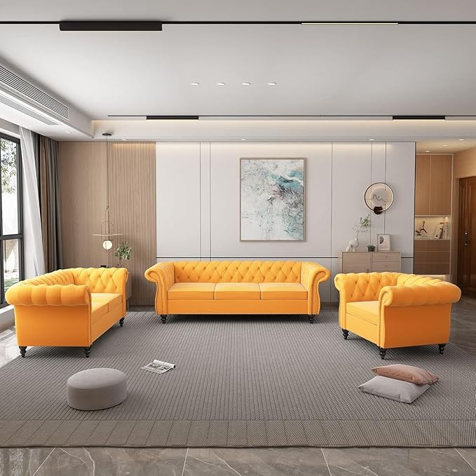 Chesterfield 3 Seater Sofa, Modern Velvet Tufted Couch 3 Seater with Rolled Arms and Nailhead Mid-Century Upholstered Couch for Living Room, Bedroom, Apartment and Office, Yellow
