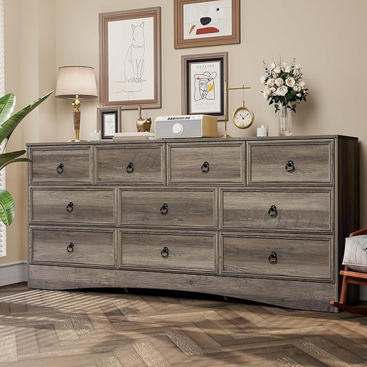 Farmhouse 10 Drawer Dresser for Bedroom – 63'' Long Dresser Wood Chest of Drawers,TV Stand for 75 inch TV, Storage Organizer Furniture, Hallway, Entryway, Closet, Brownish Grey