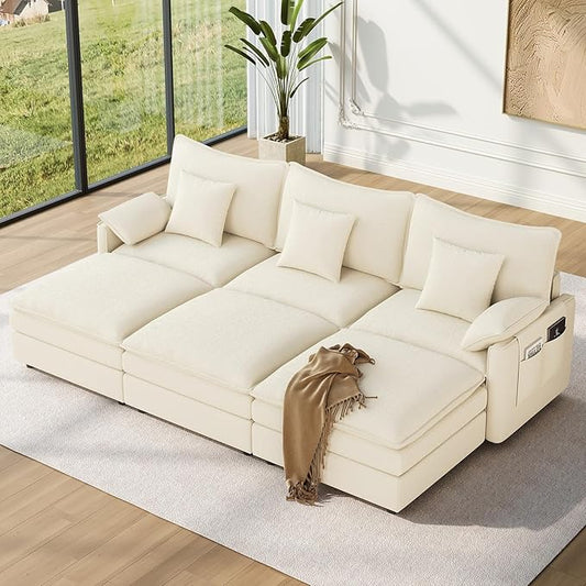 Vesgantti 108" Sectional Sleeper Sofa, 6-Seater Oversized Modular Cloud Couch with Movable Ottoman, Chenille Large Sofa Bed Convertible Deep Seat Couches for Living Room, Bedroom and Apartment, Beige