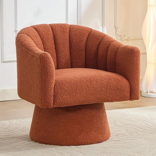 Swivel Accent Chair,Upholstered Teddy 360° Swivel Barrel Chair for Living Room Overstuffed Bouncle Reading Chair Round Armchair for Bedroom,Vanity,Office-Orange