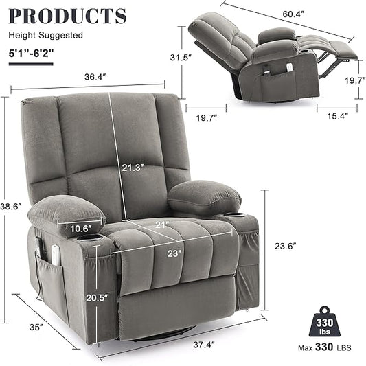 Oversized Recliner Chairs for Adults, 270° Swivel Rocking Recliner with Heat and Massage Lazy Boy Recliner,Recliner Chairs Single Sofa Seat with Cup Holders(Grey, Electric)