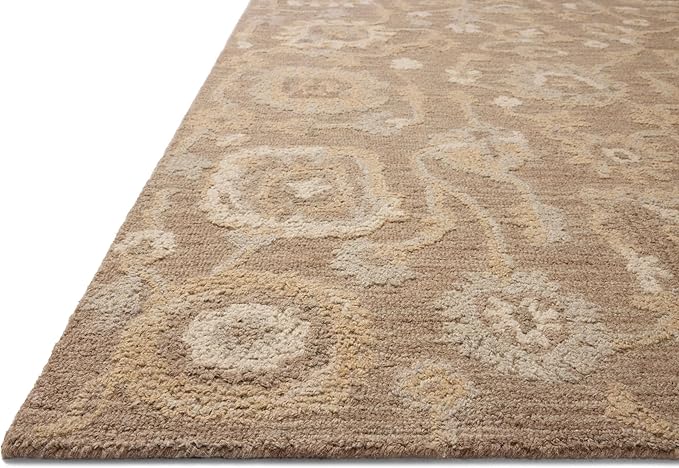 Loloi Chris Loves Julia Dorothea Collection DRT-01 Bark/Stone 7'-9" x 9'-9" Area Rug Wool Neutral Floral Living Room Bedroom Carpet