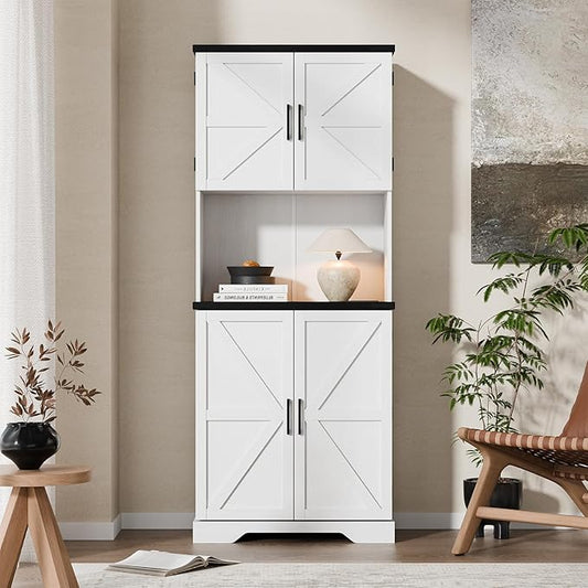 Cozy Castle 74" Farmhouse Pantry Cabinet with Charging Station, Tall Kitchen Storage Hutch Cabinet Coffee Bar Workstation, Sideboard Buffet Cupboard for Dining Room Living Room Furniture, White