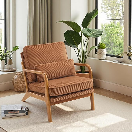 VINGLI Upgraded Premium Corduroy Accent Chair,Upholstered Arm Chair,Solid Wood Comfy Reading Chair with Pillow, Mid Century Modern Chairs for Living Room,Bedroom,Brown
