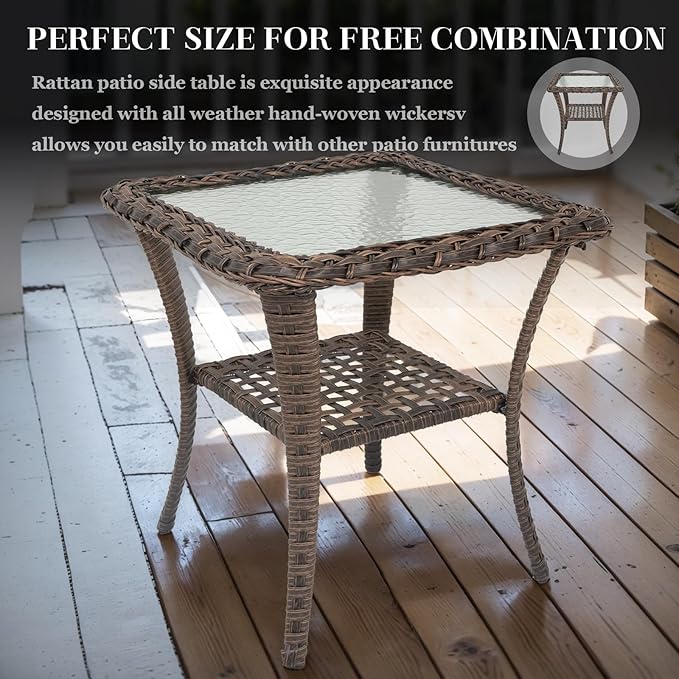 HUMMUH 5 Pieces Wicker Patio Furniture Set,Outdoor Rocker Chairs,Patio Ottomans,Glass Top Side Table,Outdoor Conversation Set for Porch Deck Backyard Poolside