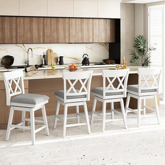 COSTWAY Bar Stool Set of 4 for Kitchen Island, 26" Counter Height Chair with Ergonomic Backrest, Foot Rest, Padded Seat & Solid Wood Structure, 360°Swivel Farmhouse Barstool with Back
